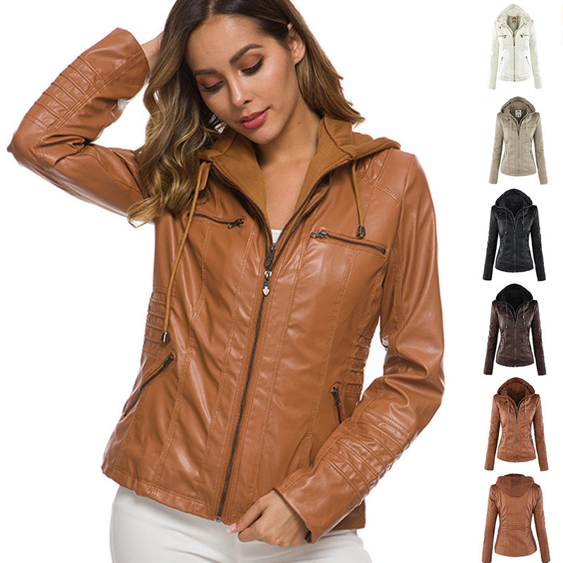 Woman wearing a brown leather jacket with multiple color options displayed on the right.