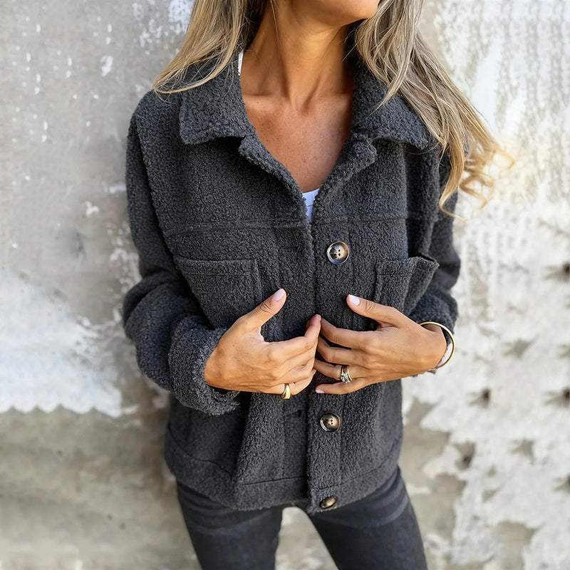 Plus Size Sherpa Jacket for Women – Solid Color Long Sleeve Style