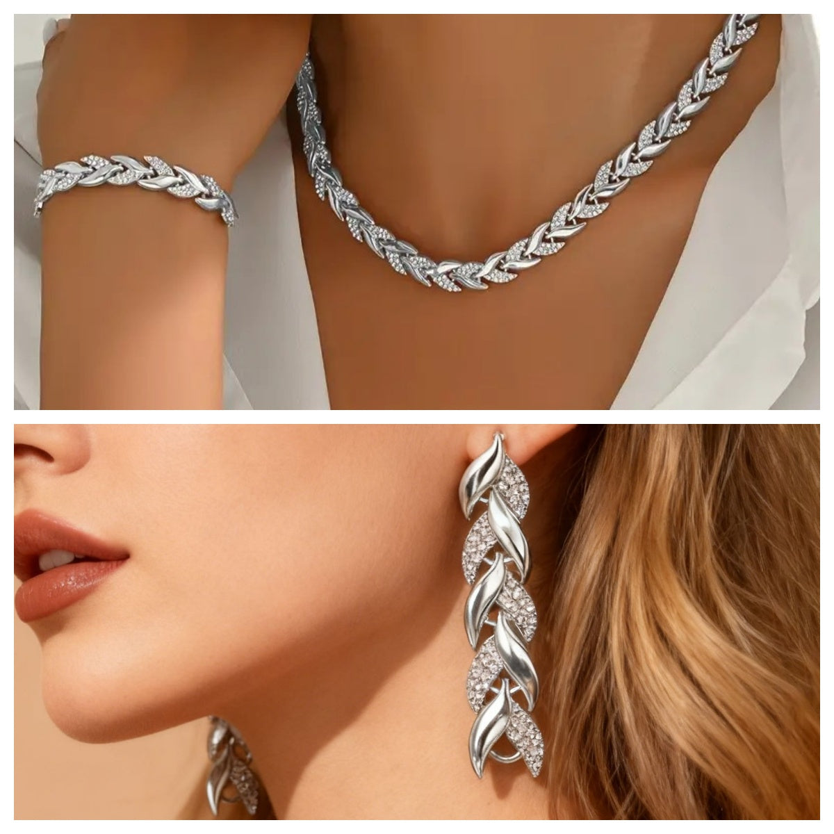 Silver braided necklace, bracelet, and earrings on a model.
