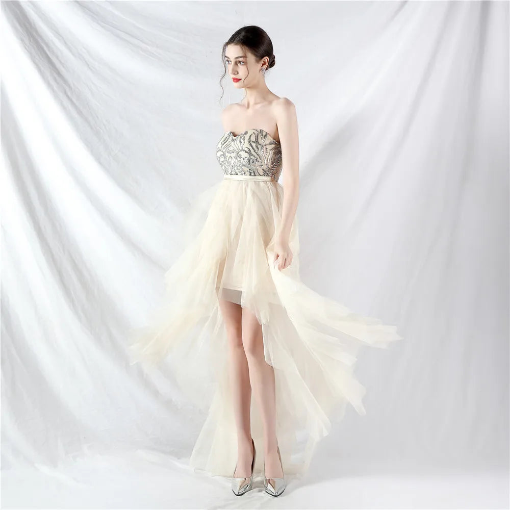 Floral Bead Patchwork Dress with Mesh Strapless Design