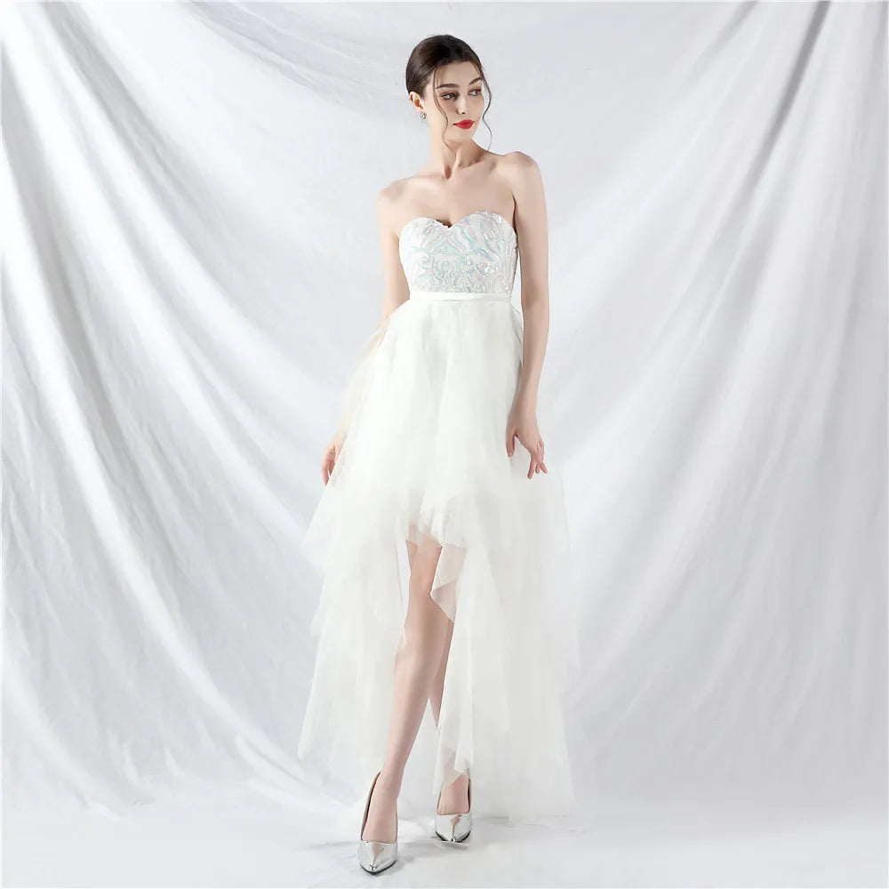 Floral Bead Patchwork Dress with Mesh Strapless Design