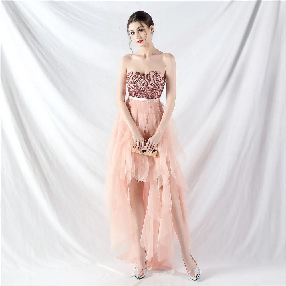 Floral Bead Patchwork Dress with Mesh Strapless Design