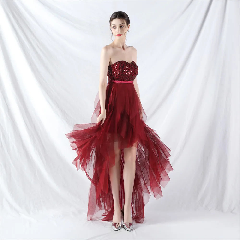 Floral Bead Patchwork Dress with Mesh Strapless Design