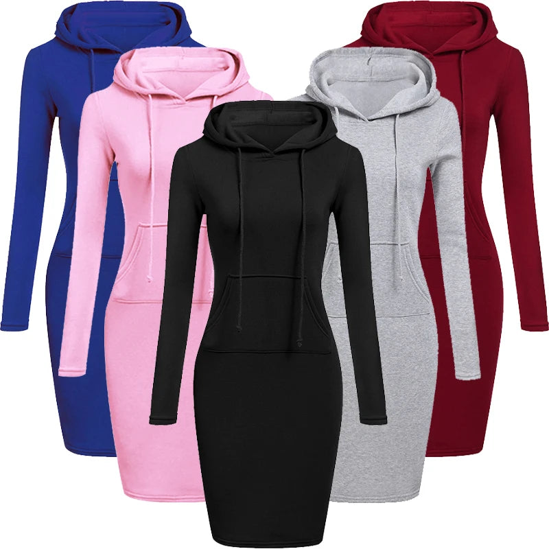 Five hooded dresses in blue, pink, black, gray, and red on a white background.