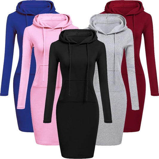 Five hooded dresses in blue, pink, black, gray, and red on a white background.