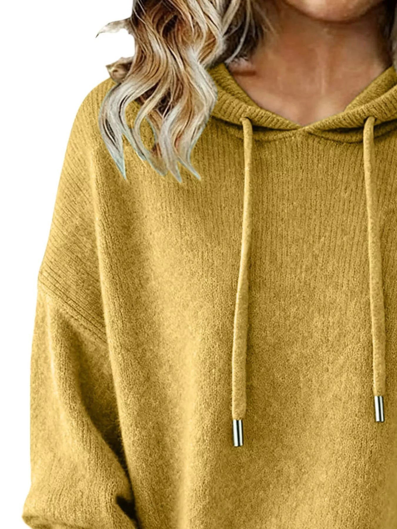 Yellow hoodie with a close-up of the neckline on a white background
