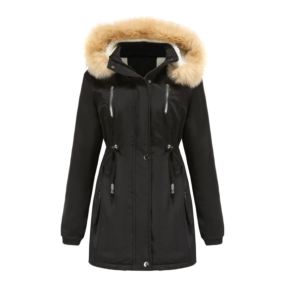 Black parka coat with fur-lined hood on a white background