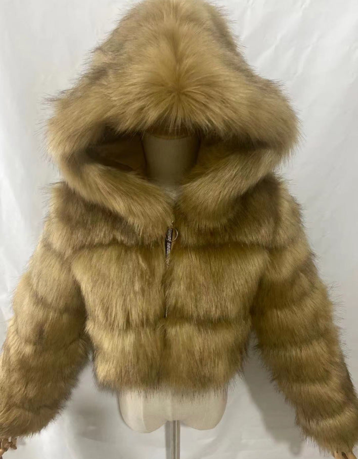 Brown fur jacket on a mannequin against a white background