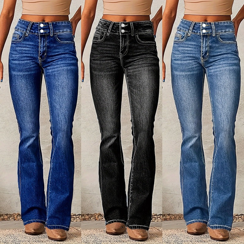 Three pairs of jeans displayed on a neutral background