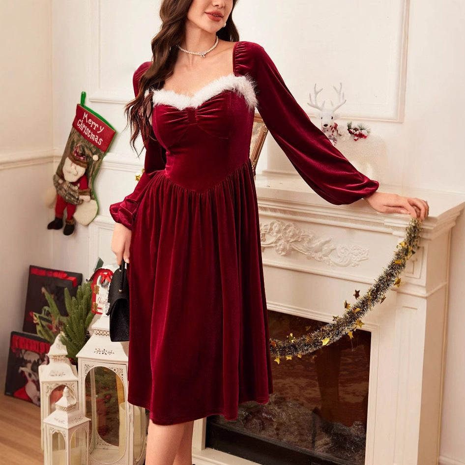 Christmas Red Velvet Dress for Party - Long Sleeve Elegance