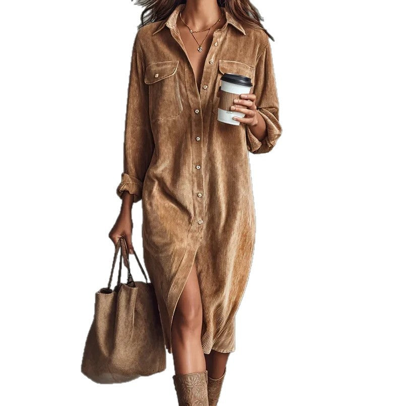 Woman wearing a brown corduroy dress holding a coffee cup and a bag on a white background
