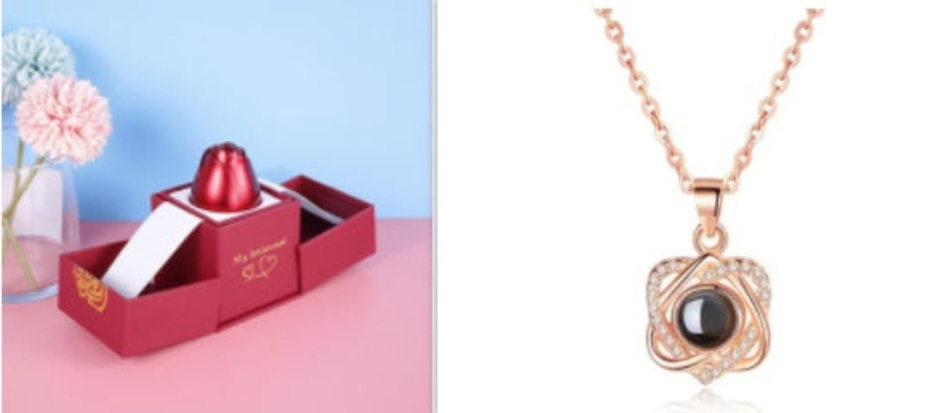 Jewelry set with a red box and necklace on a light blue background