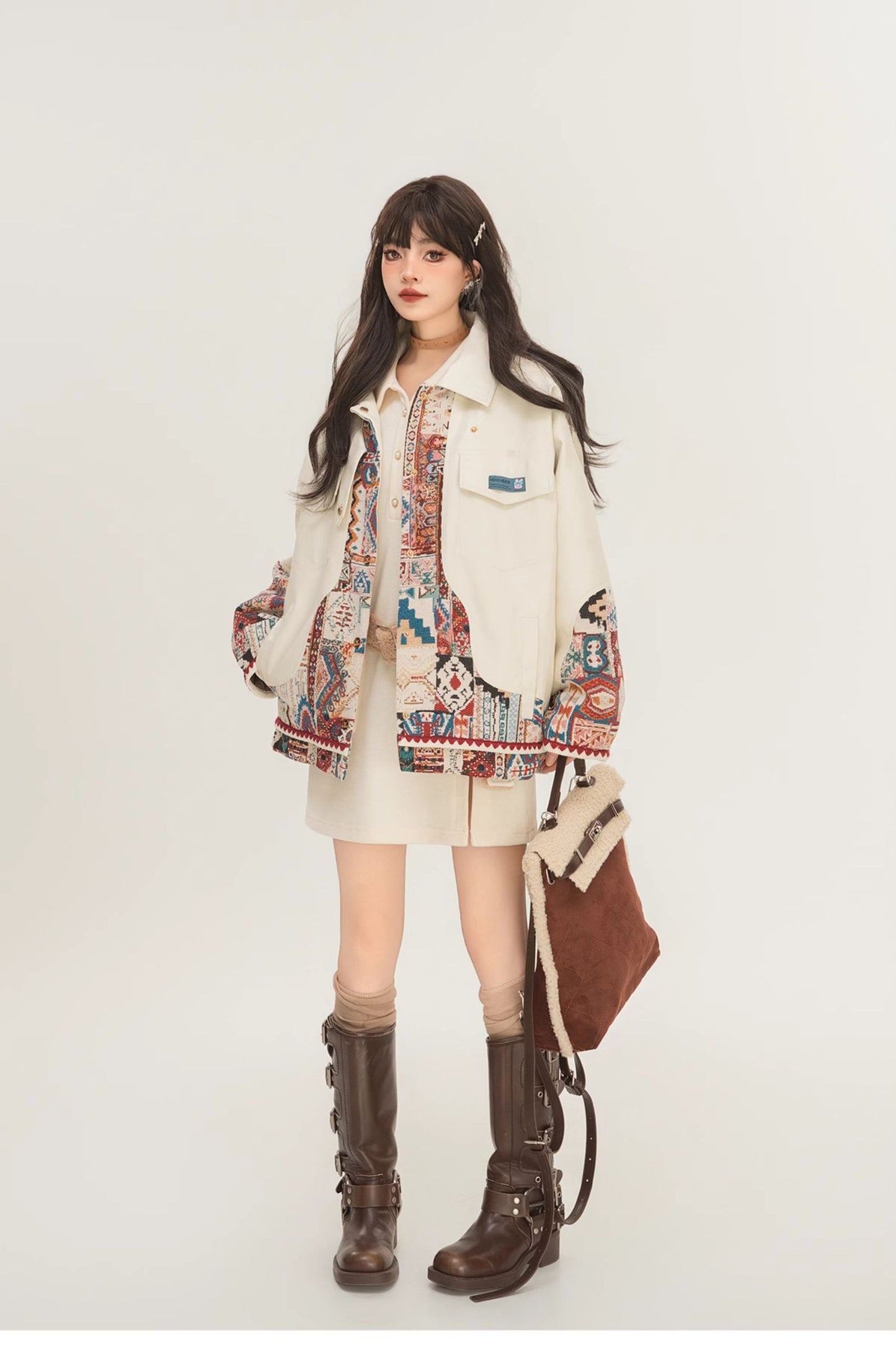 Jacquard Motorcycle Leather Jacket with Splicing Design