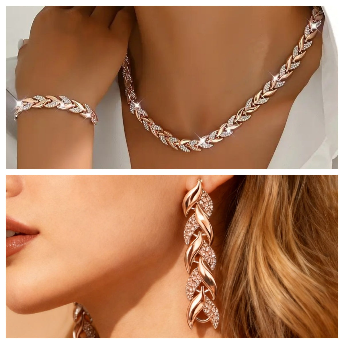 Rose gold braided necklace, bracelet, and earring set on a model against a white background.