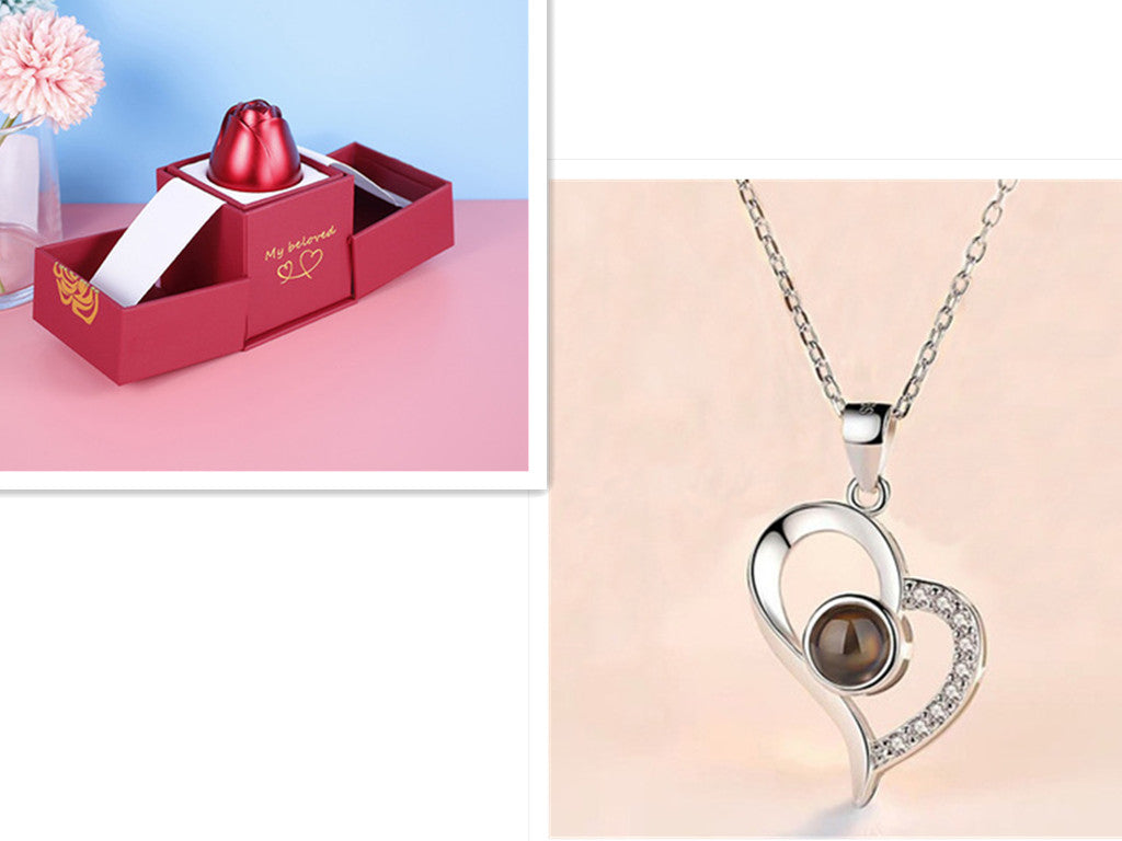 Heart-shaped pendant necklace with a red box on a pink background