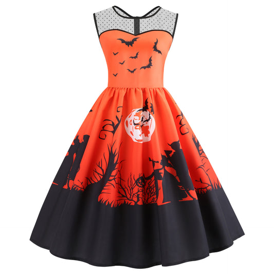 Halloween-themed dress with orange and black design on a white background