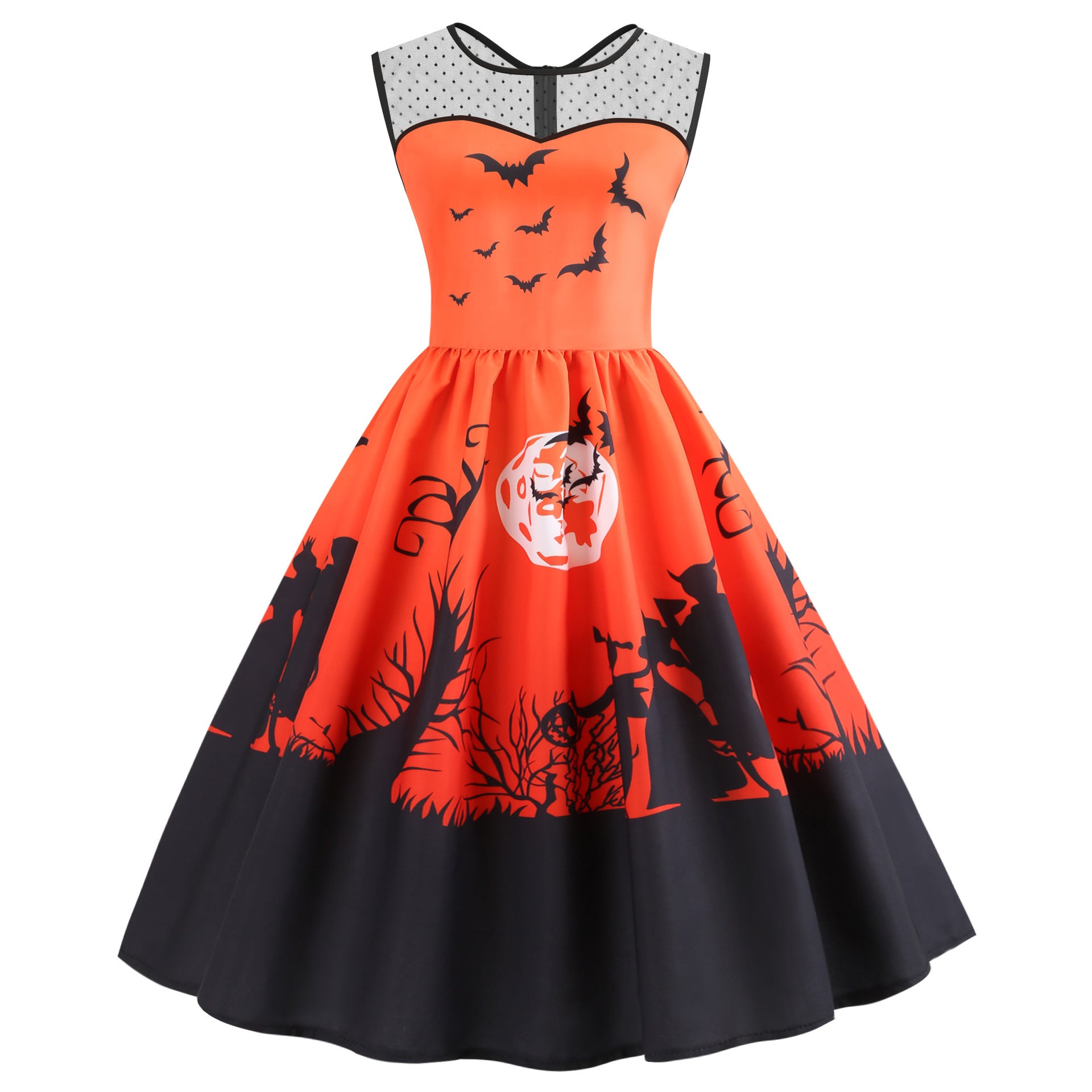 Halloween-themed dress with orange and black design on a white background