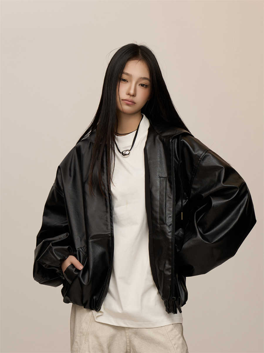 Women's Leather Hooded Coat in Black