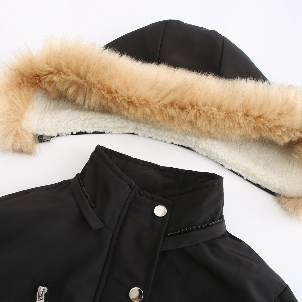 Black coat with fur-lined hood on a white background