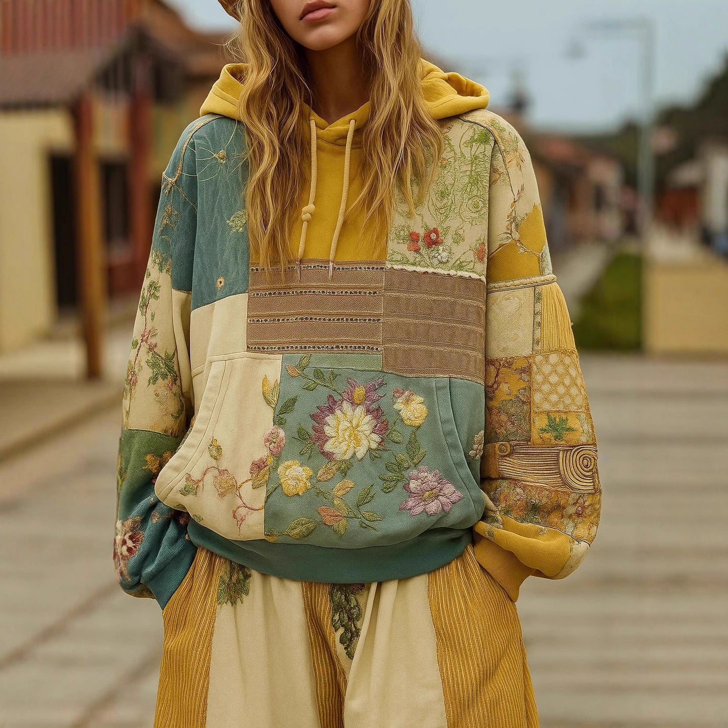 Person wearing a colorful, patchwork-style hoodie with floral patterns in an outdoor setting.