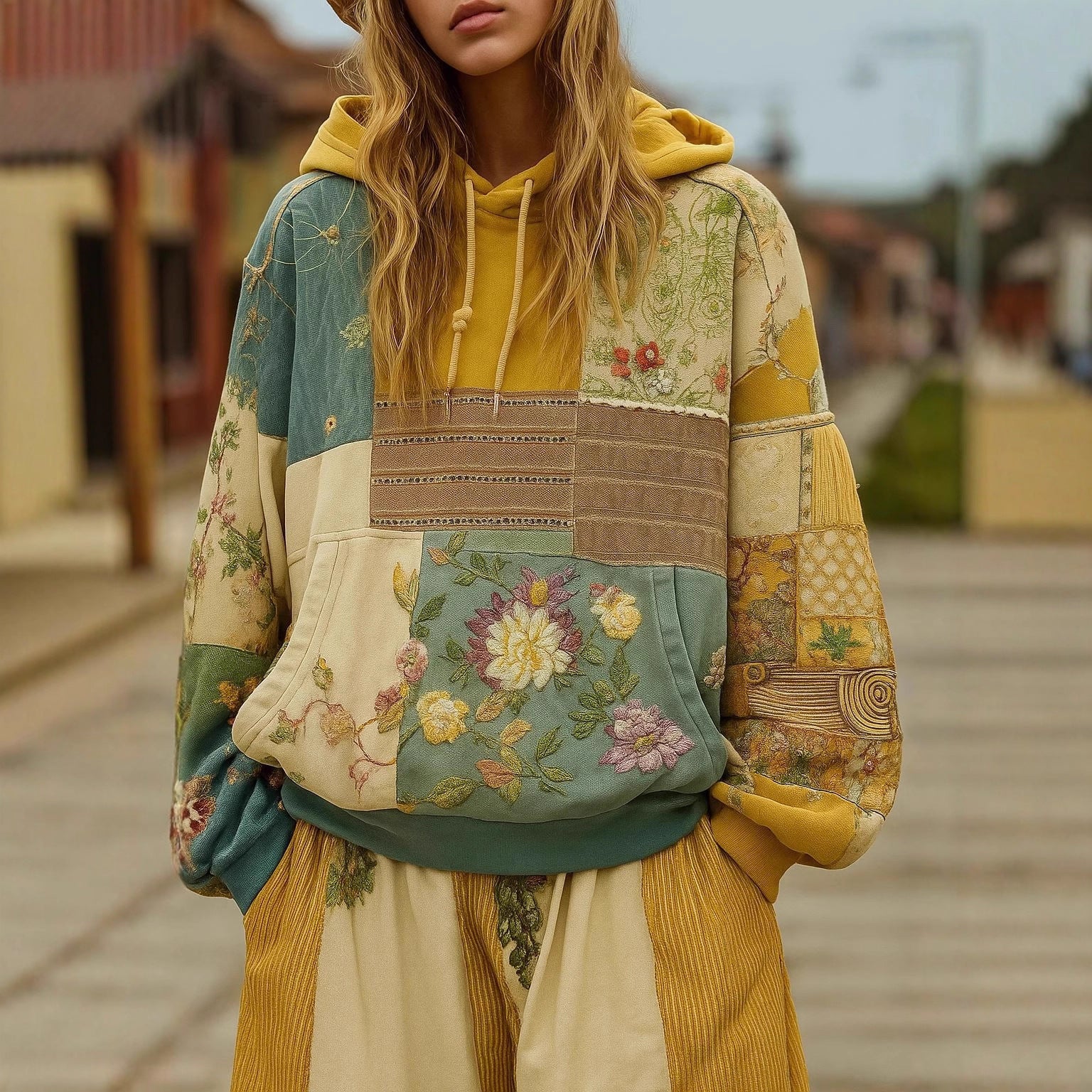 Person wearing a colorful, patchwork-style hoodie with floral patterns in an outdoor setting.