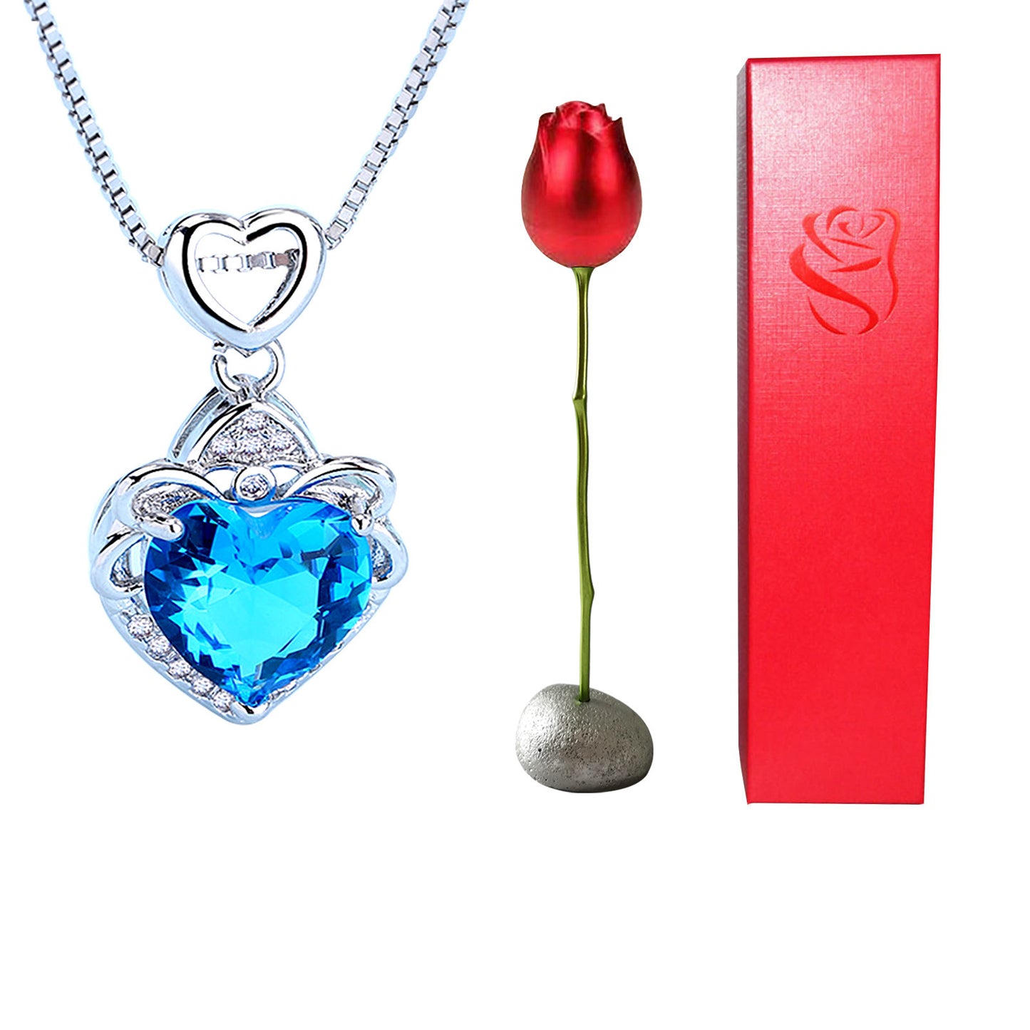 Heart-shaped blue pendant necklace with a red rose and red box on a white background