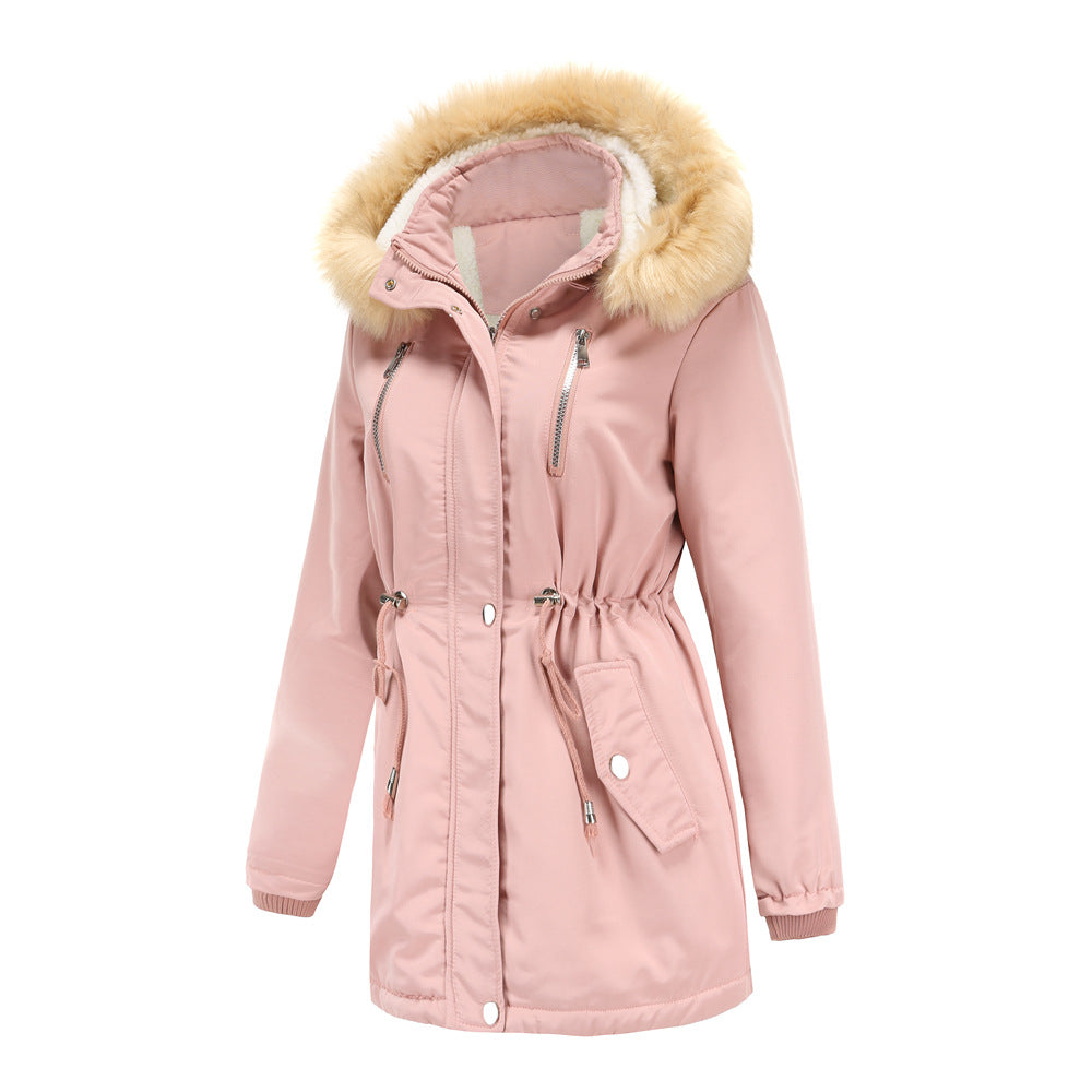 Pink winter coat with fur-lined hood on a white background