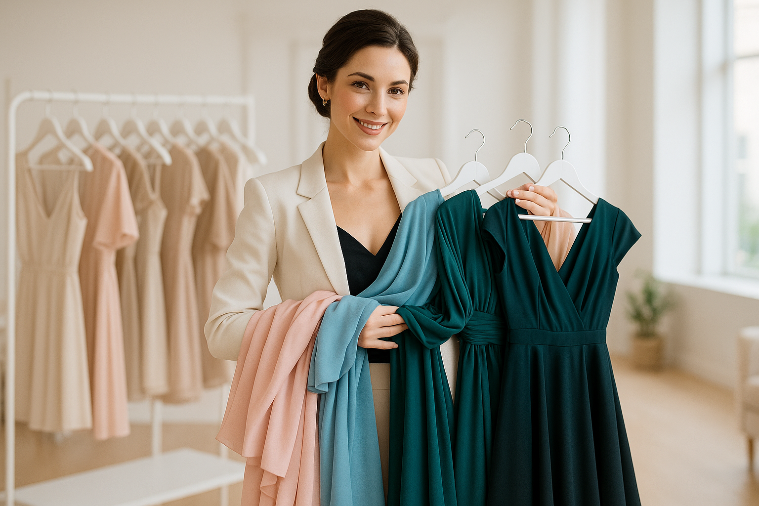 beautiful lady holding dresses
