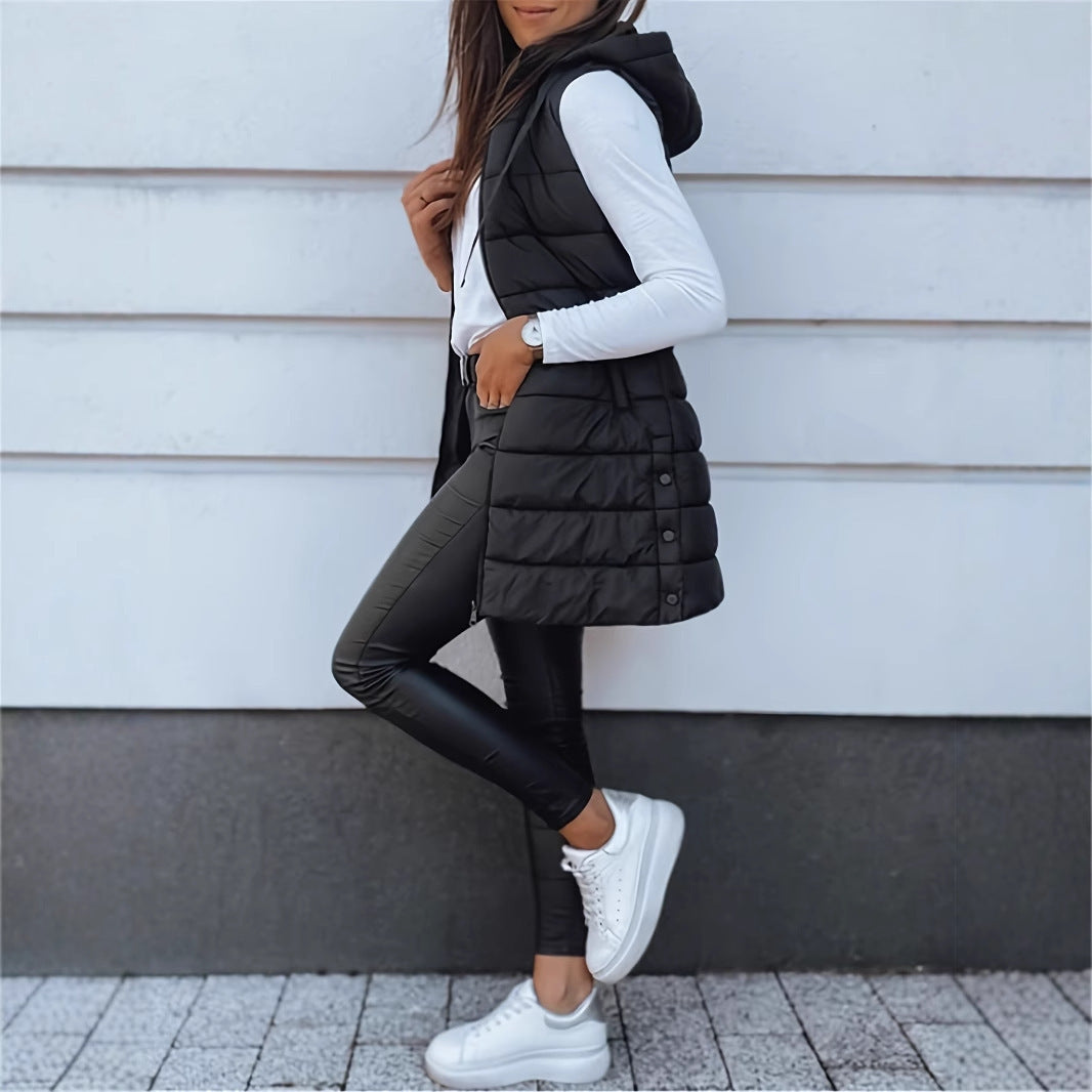 Solid Color Quilted Vest Coat with Hood and Zipper Closure