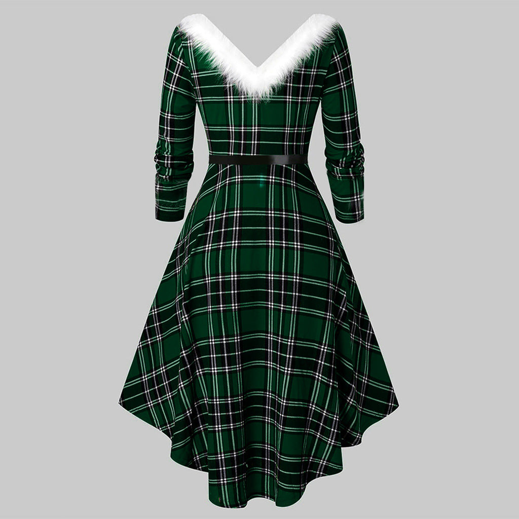 Women's Christmas Fur Dress - Long Sleeved Patchwork Design for Holiday Cheer