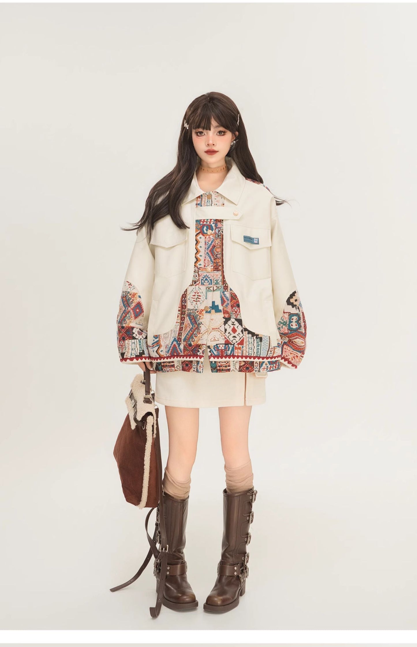 Jacquard Motorcycle Leather Jacket with Splicing Design