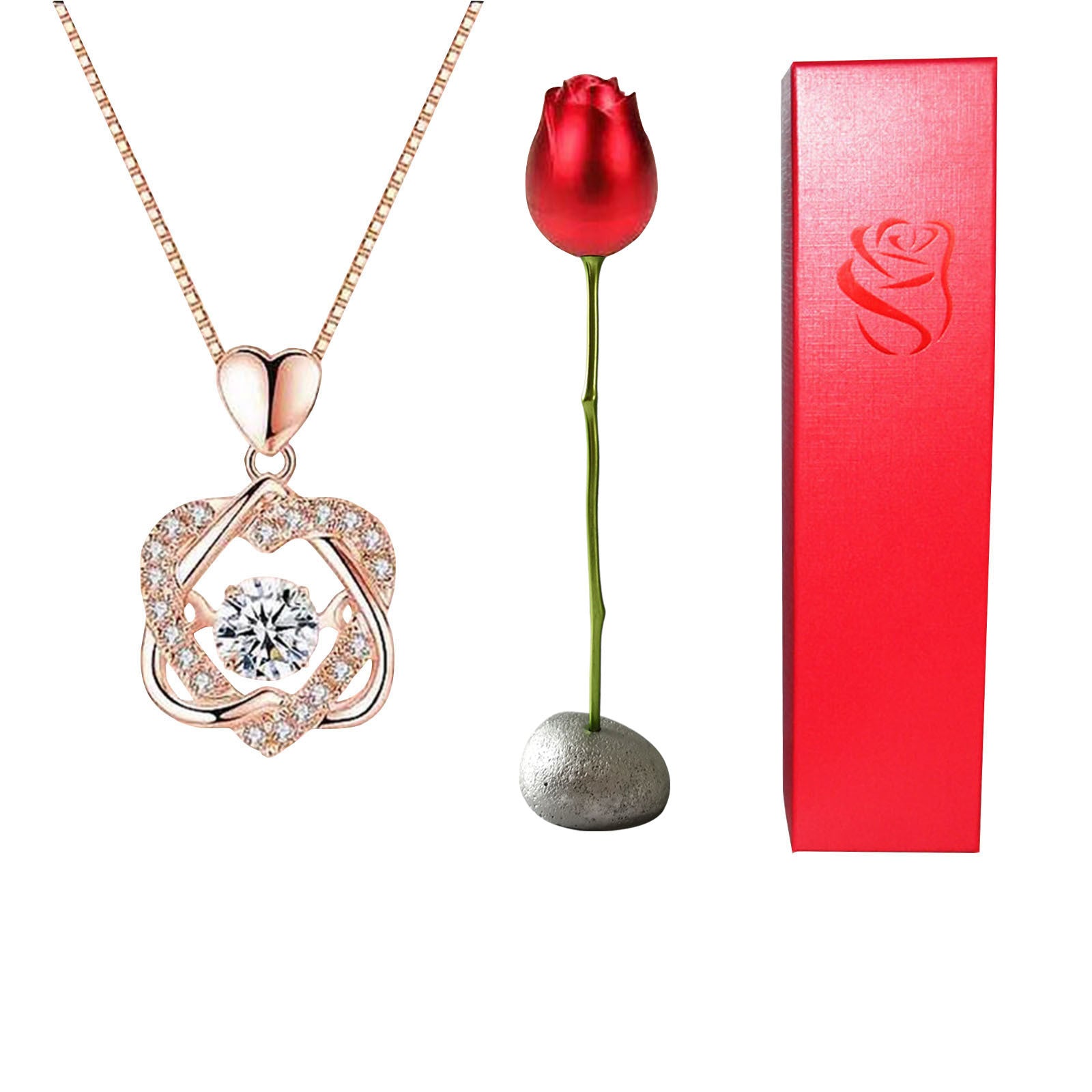 Rose gold heart-shaped necklace with a red rose and silver base, next to a red box with a brand logo.