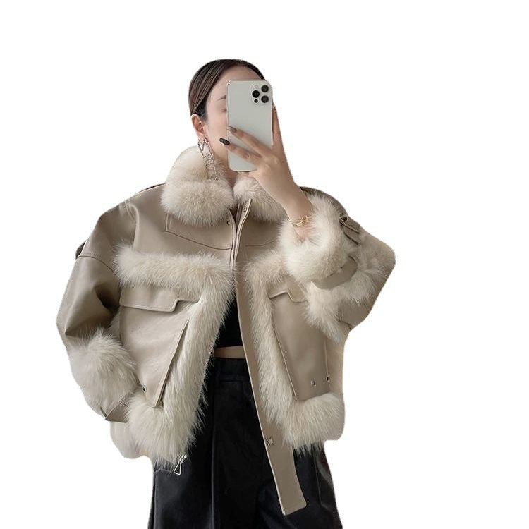 Fox Fur Leather Coat with Elegant Stitching