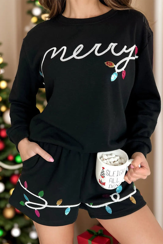 MERRY Sequin Round Neck Long Sleeve Top and Shorts Set - SUBSTYEL