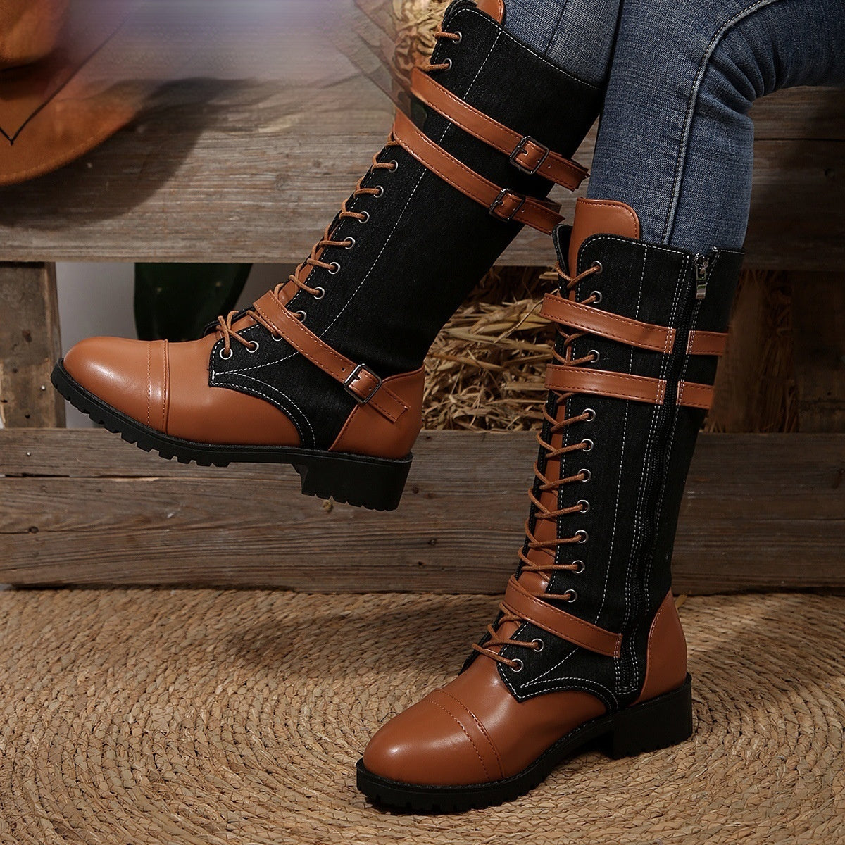 Heel Boots with Rivet Belt Buckle for Stylish Comfort