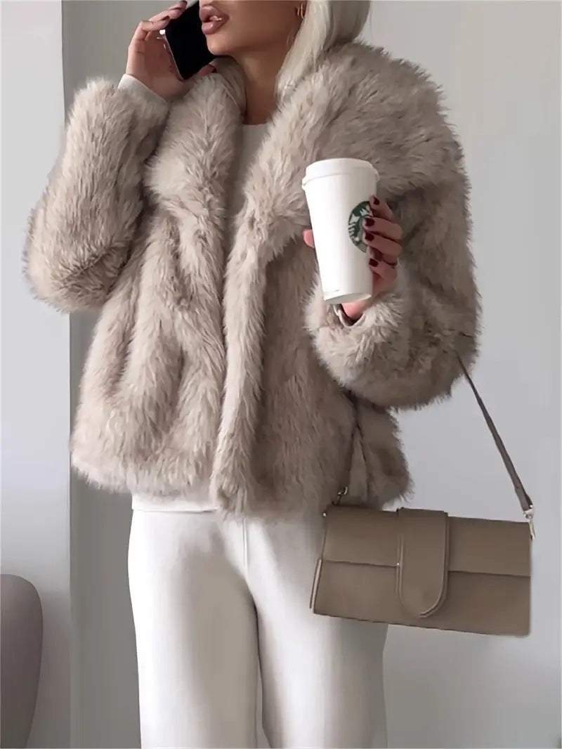 Lapel Long Sleeve Fur Coat – Luxurious Artificial Fur Outerwear