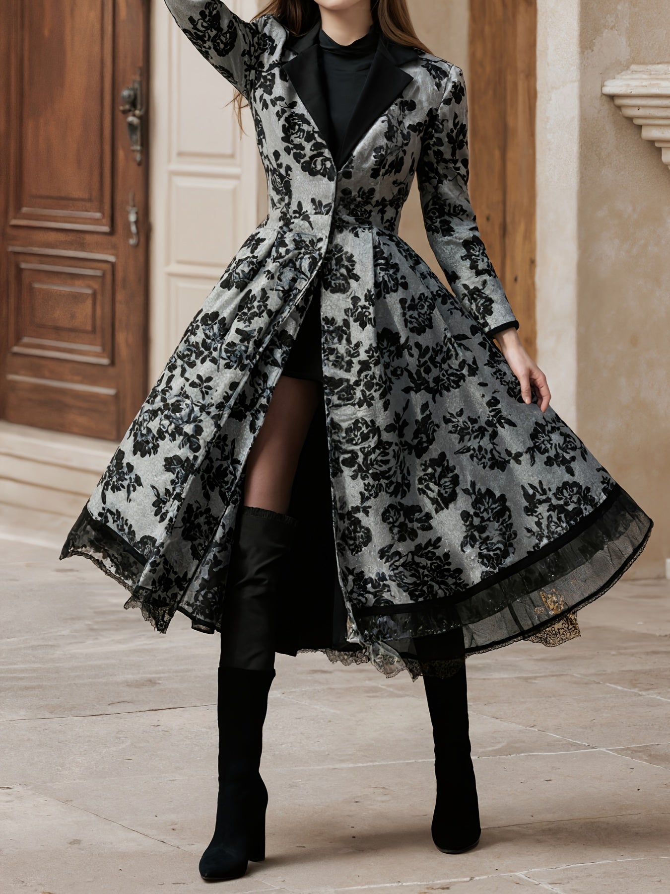 Black Floral Coat Dress | Luxury Evening Style