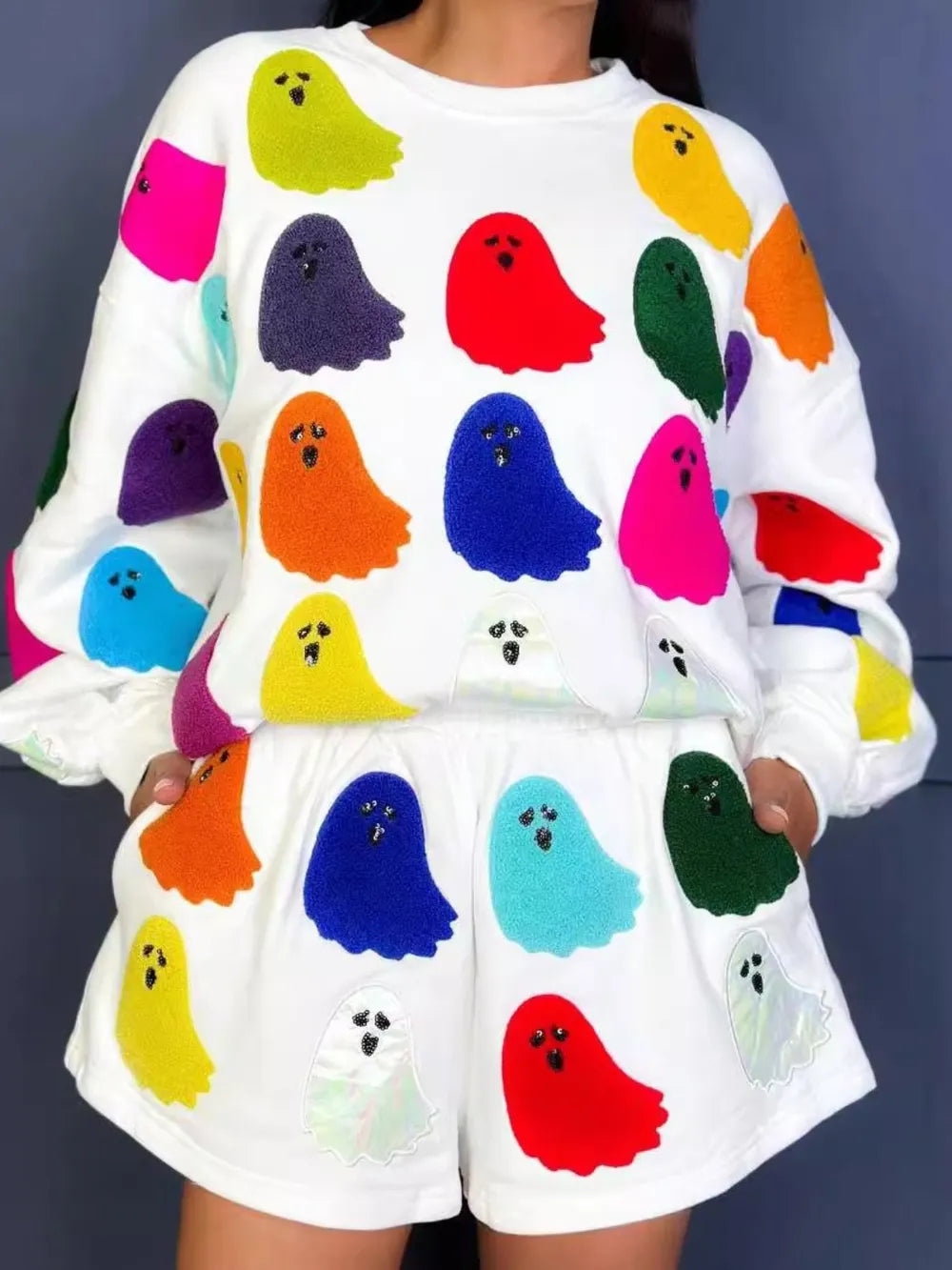 Ghost Printed Round Halloween Top and Shorts Set - SUBSTYEL