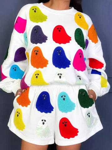 Ghost Printed Round Halloween Top and Shorts Set - SUBSTYEL