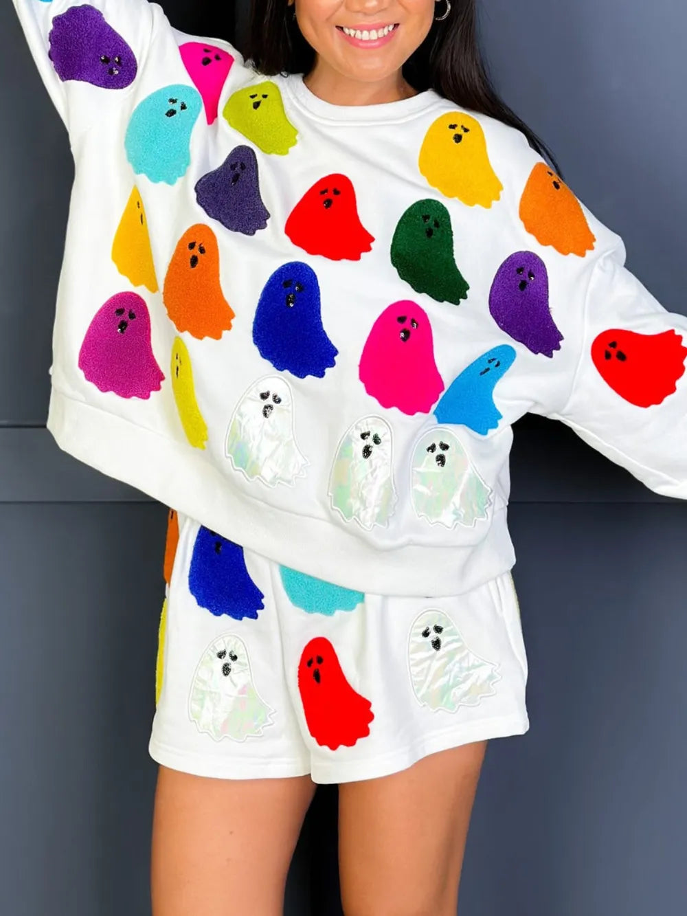 Ghost Printed Round Halloween Top and Shorts Set - SUBSTYEL