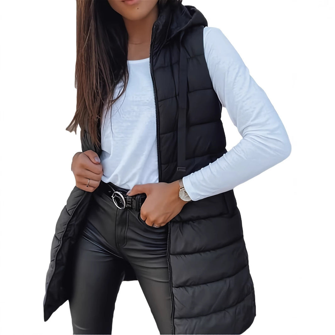Solid Color Quilted Vest Coat with Hood and Zipper Closure