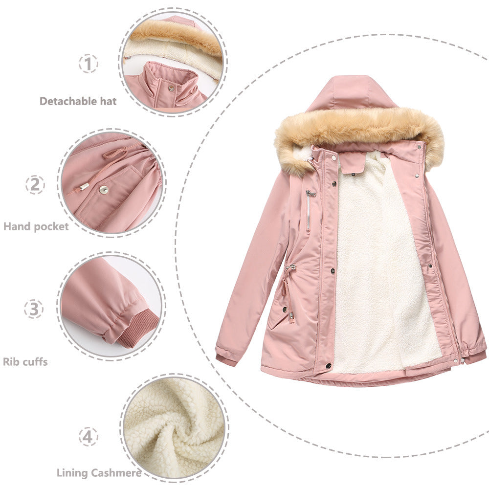 Pink winter jacket with fur-lined hood, showing details of detachable hat, hand pocket, rib cuffs, and cashmere lining.