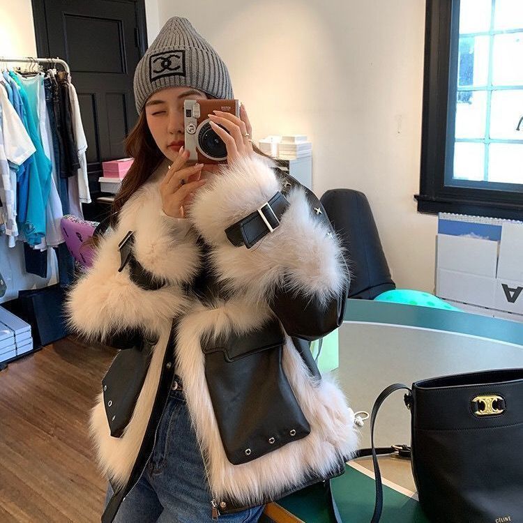 Fox Fur Leather Coat with Elegant Stitching