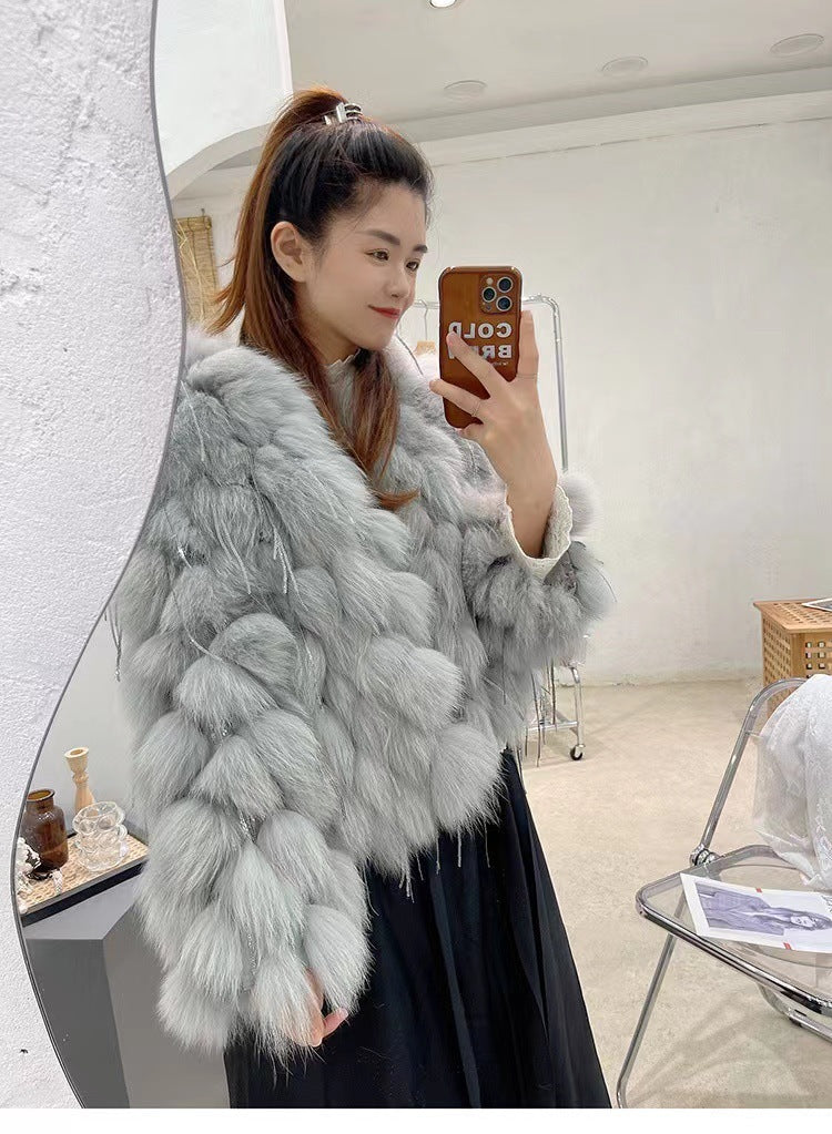 Fox Fur Short Coat with Tassels | Thickening Design for Ultimate Warmth