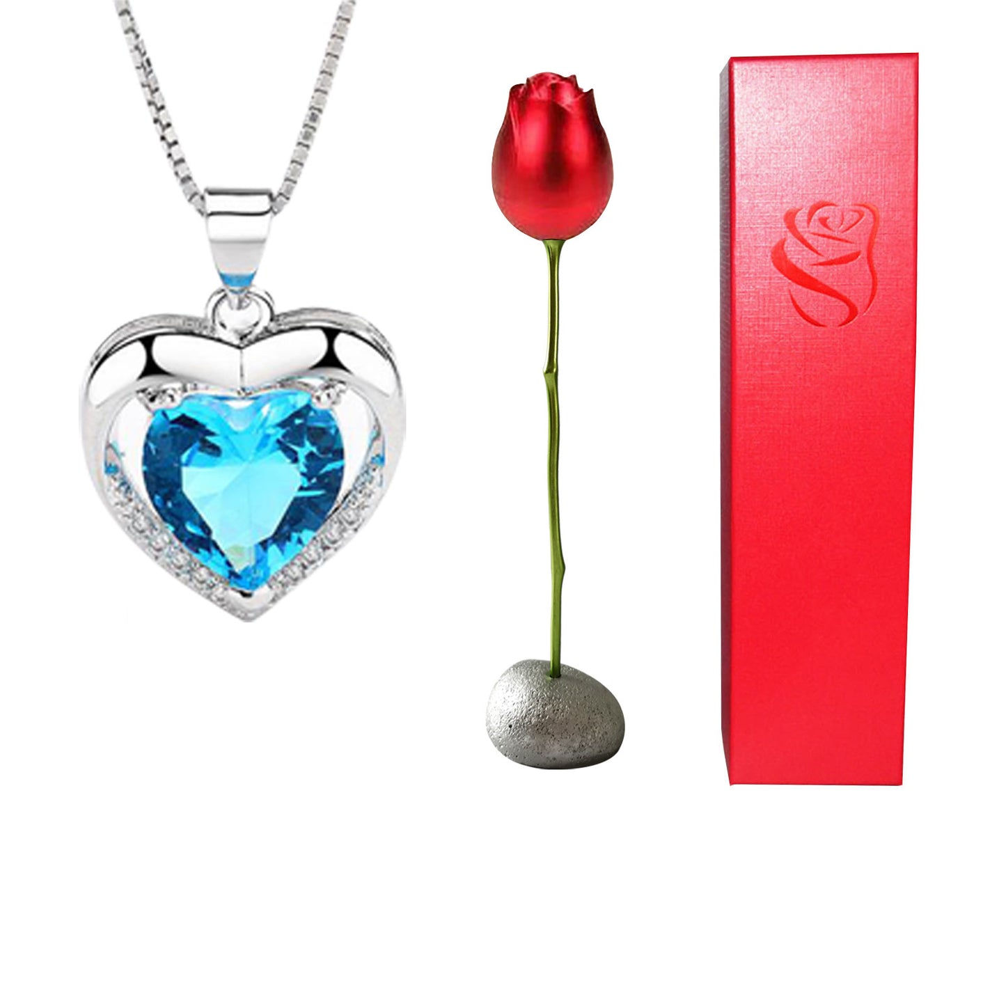 Heart-shaped pendant with blue gem, red rose on stone, and red box with logo on a white background