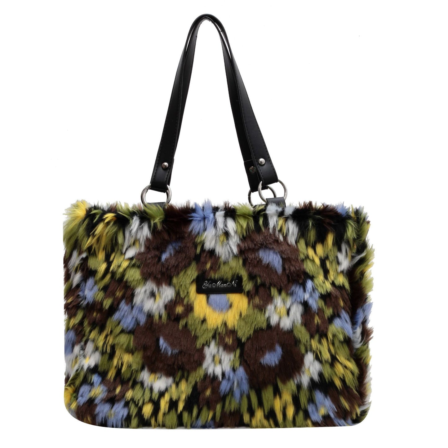 Multicolored fur handbag with a black handle on a white background