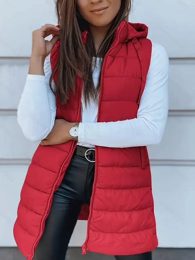Solid Color Quilted Vest Coat with Hood and Zipper Closure