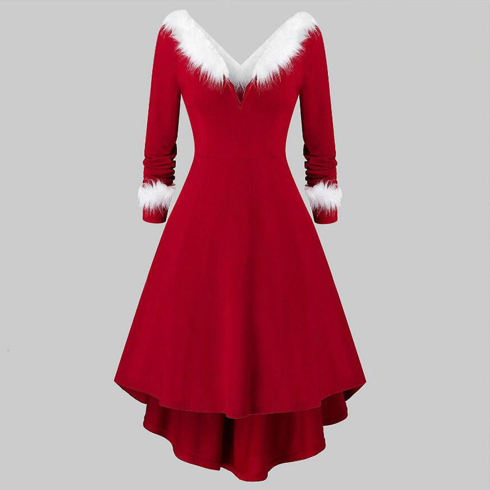 Women's Christmas Fur Dress - Long Sleeved Patchwork Design for Holiday Cheer