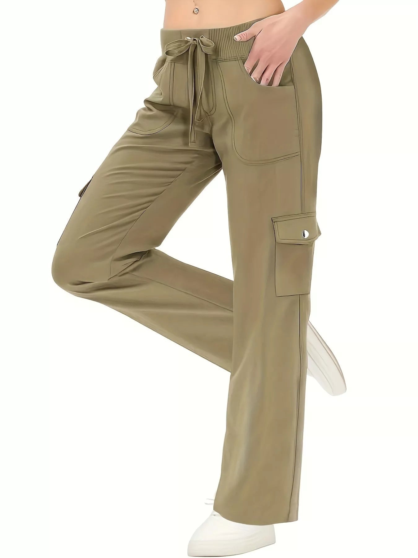 Khaki cargo pants worn by a person on a white background