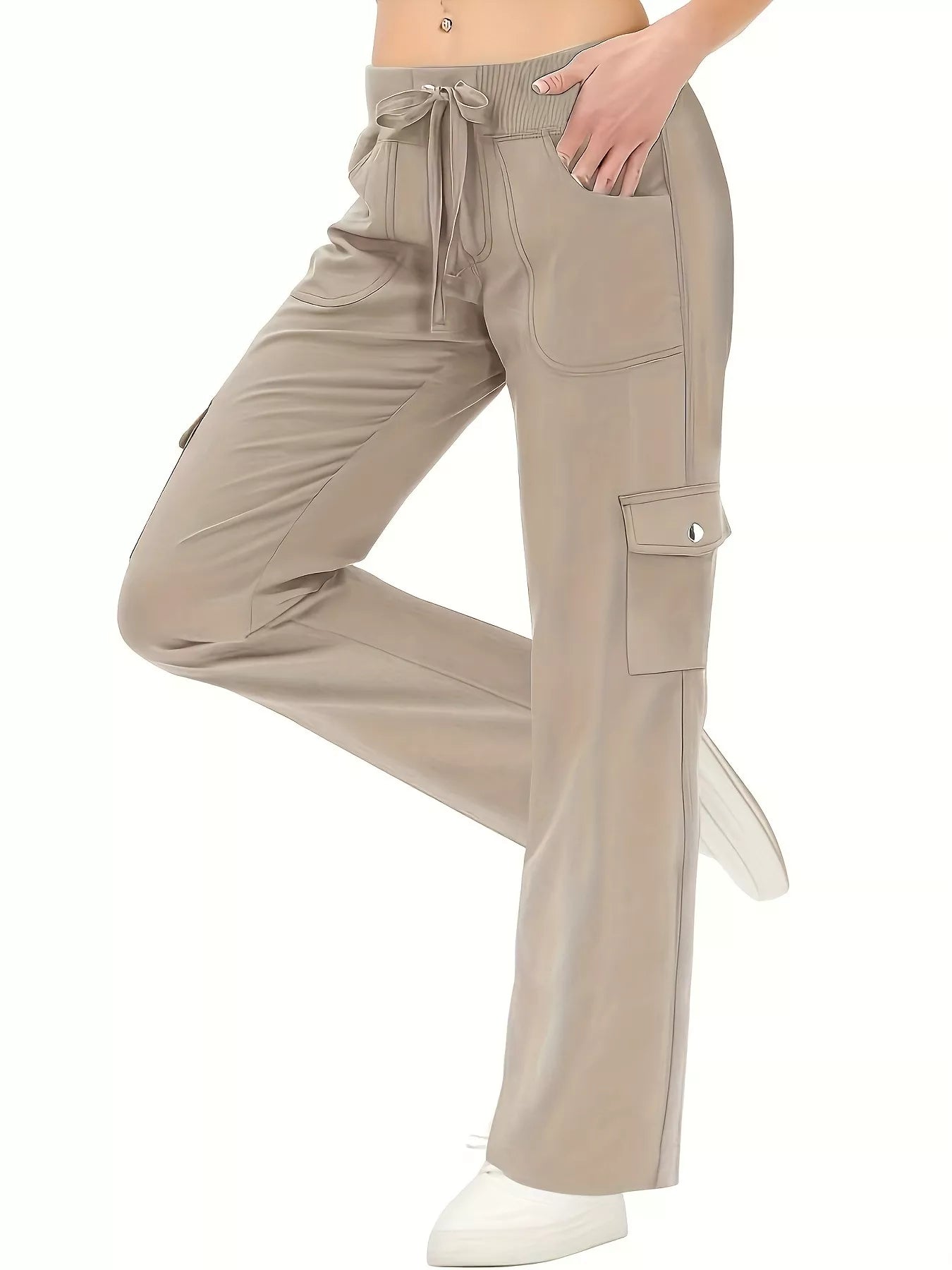 Beige cargo pants with drawstring waist on a white background